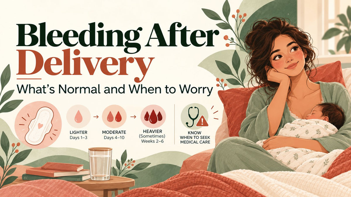 Mother holding her newborn in bed, with icons showing how bleeding after delivery changes over the weeks and when to seek medical care