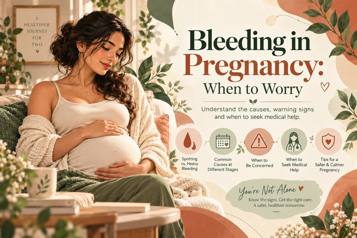 Pregnant woman resting with her hands on her bump, with icons for spotting vs heavy bleeding, warning signs and when to seek medical help