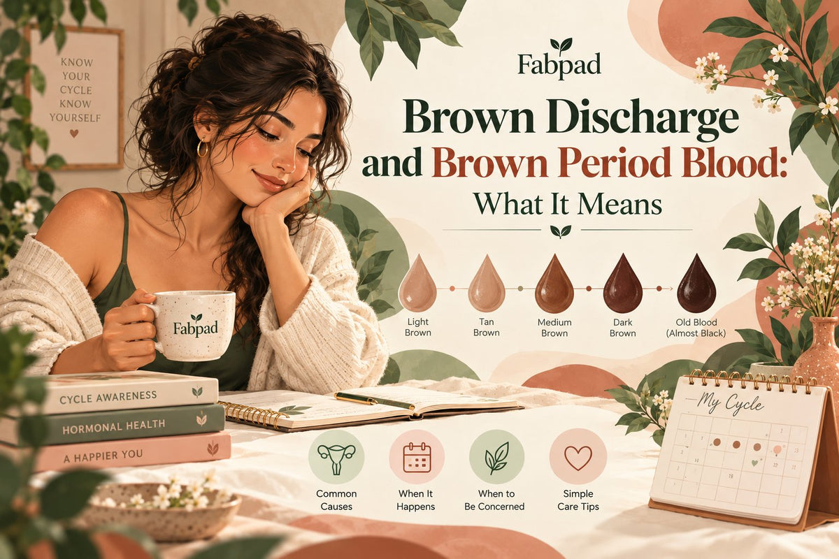 Woman with a cycle journal and calendar, with drops showing shades of brown period blood from light brown to almost black