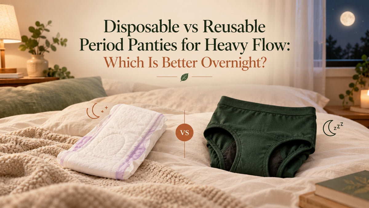Disposable overnight period panty beside a green reusable period panty on a bed at night