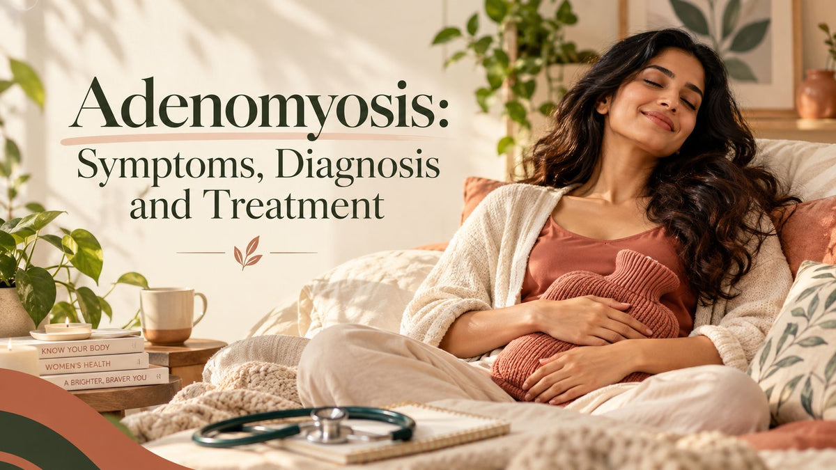 Adenomyosis: symptoms, diagnosis and treatment, woman resting with a hot water bottle on her lower abdomen