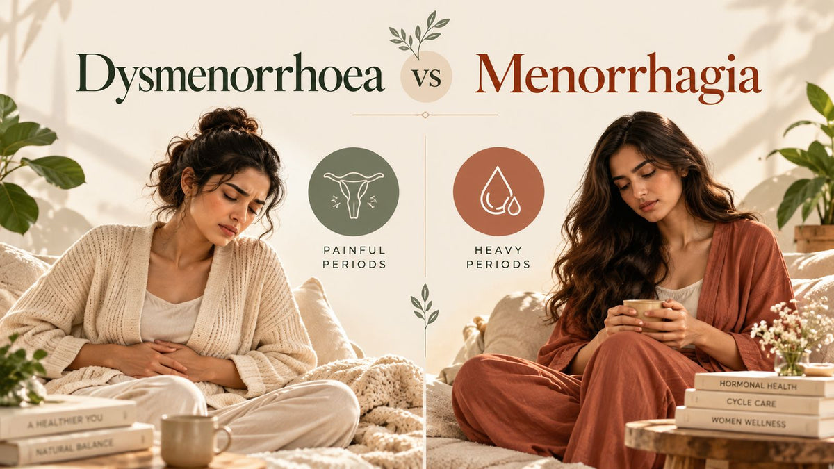 Dysmenorrhoea vs menorrhagia: one woman with painful period cramps and another with heavy periods