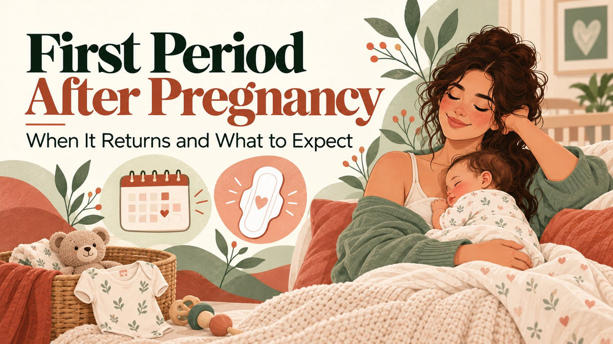 New mother resting with her sleeping baby, with a calendar and pad icon for the first period after pregnancy