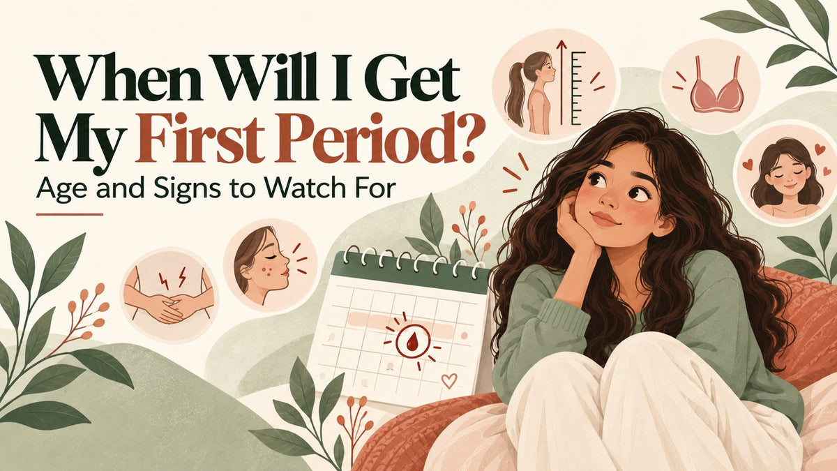 Teenage girl wondering when her first period will come, with a calendar and signs like growth spurts, breast development, cramps and acne