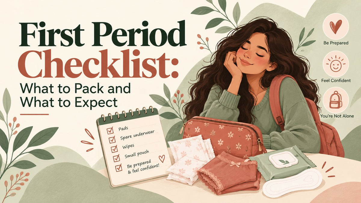 First period checklist with pads, spare underwear, wipes and a small pouch next to a smiling teenage girl