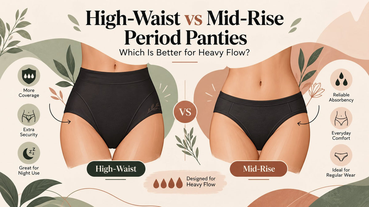 High-waist vs mid-rise period panties compared side by side: more coverage and night use for high-waist, everyday comfort for mid-rise