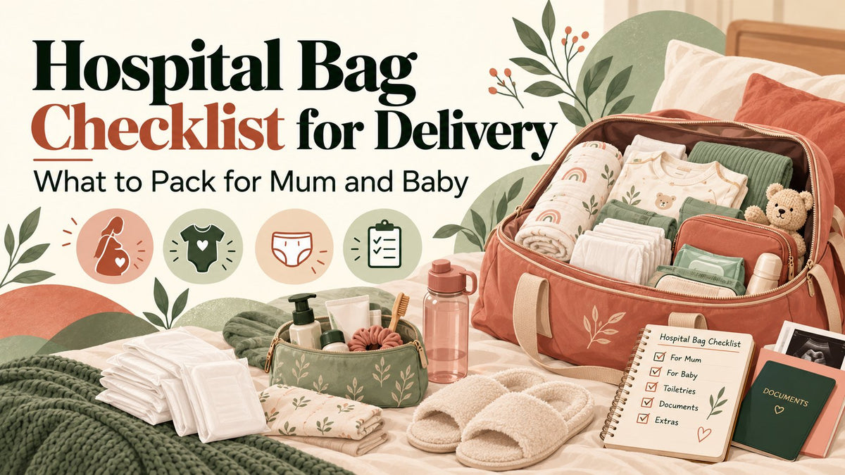 Packed hospital bag for delivery with baby clothes, pads, toiletries, slippers, documents and a checklist for mum and baby
