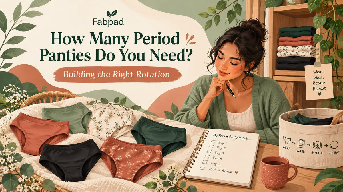 Woman planning her period panty rotation in a notebook, next to a basket of period panties in different colours
