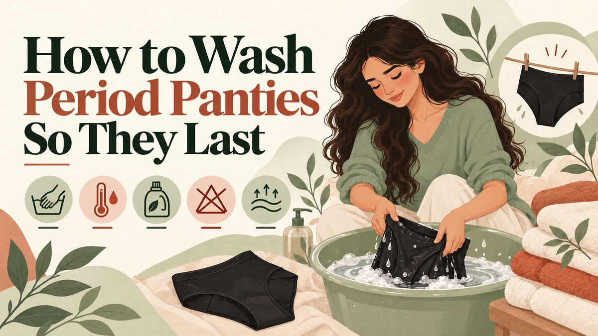 Woman hand-washing a black period panty in a basin of cold, soapy water, with care icons for gentle washing and air drying