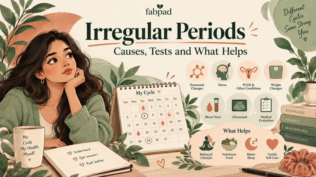 Woman looking at a cycle calendar with irregular period dates, with icons for causes, tests and what helps