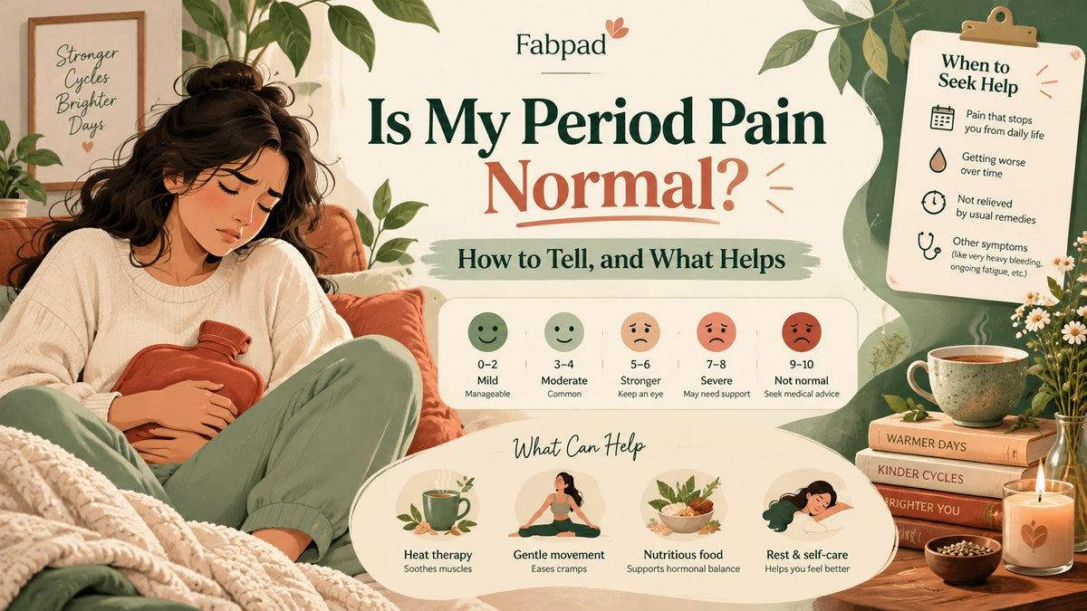 Woman holding a hot water bottle for period cramps, with a 0 to 10 pain scale and signs of when to seek help