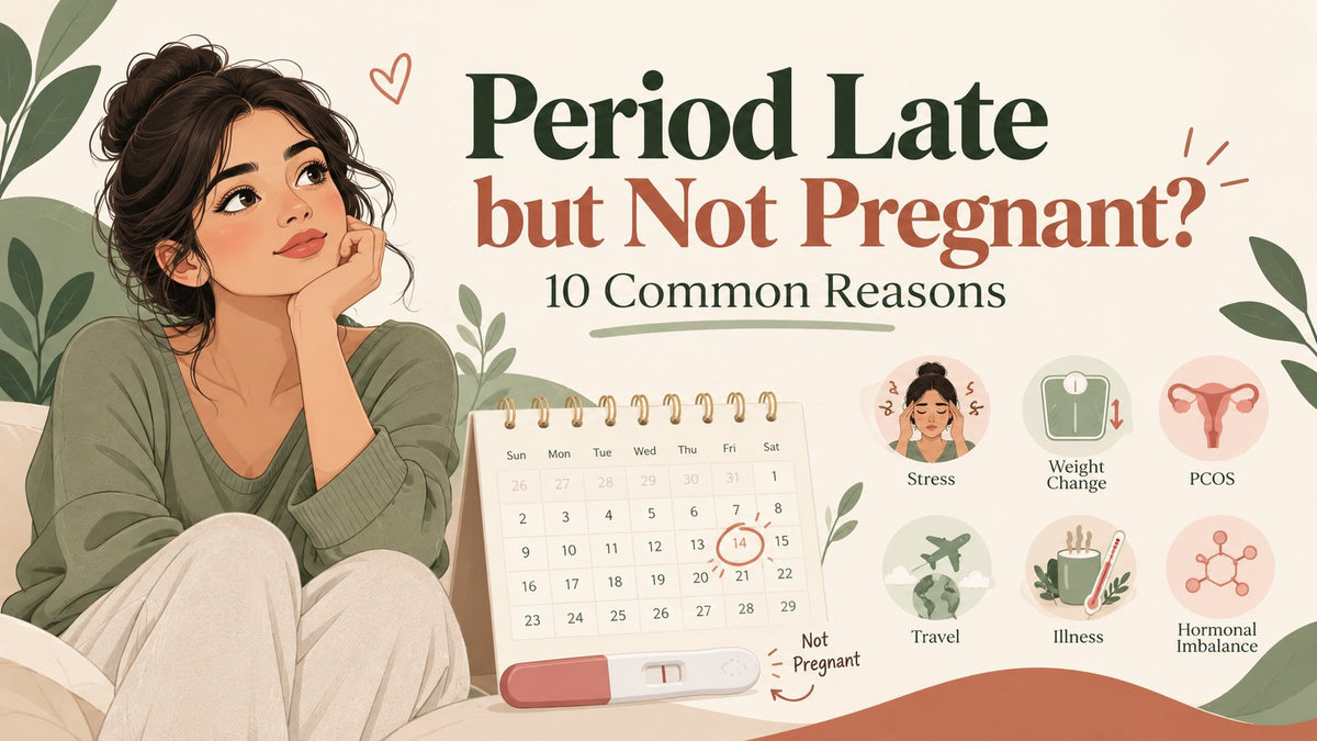 Illustration of a woman wondering why her period is late, with a calendar, a negative pregnancy test and icons for stress, weight change, PCOS, travel, illness and hormonal imbalance