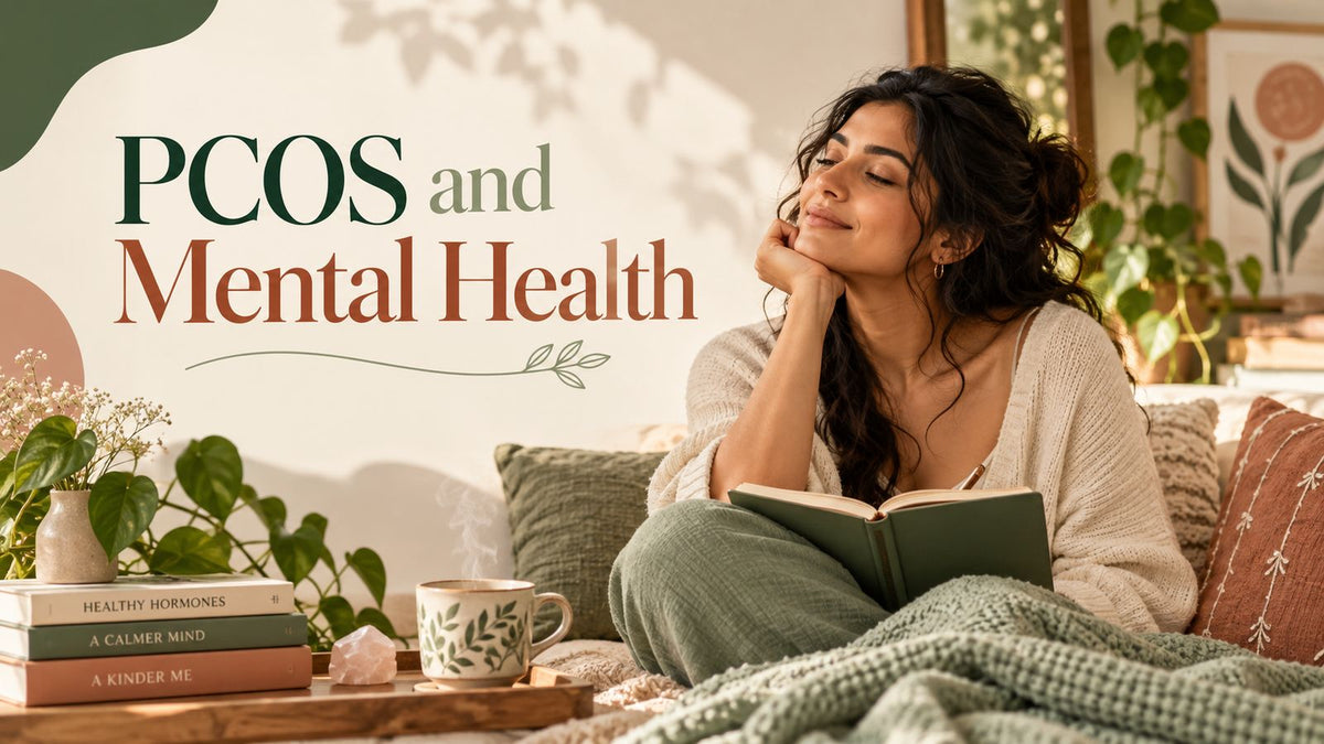PCOS and Mental Health banner: a calm woman resting on a sofa with a book and a cup of tea