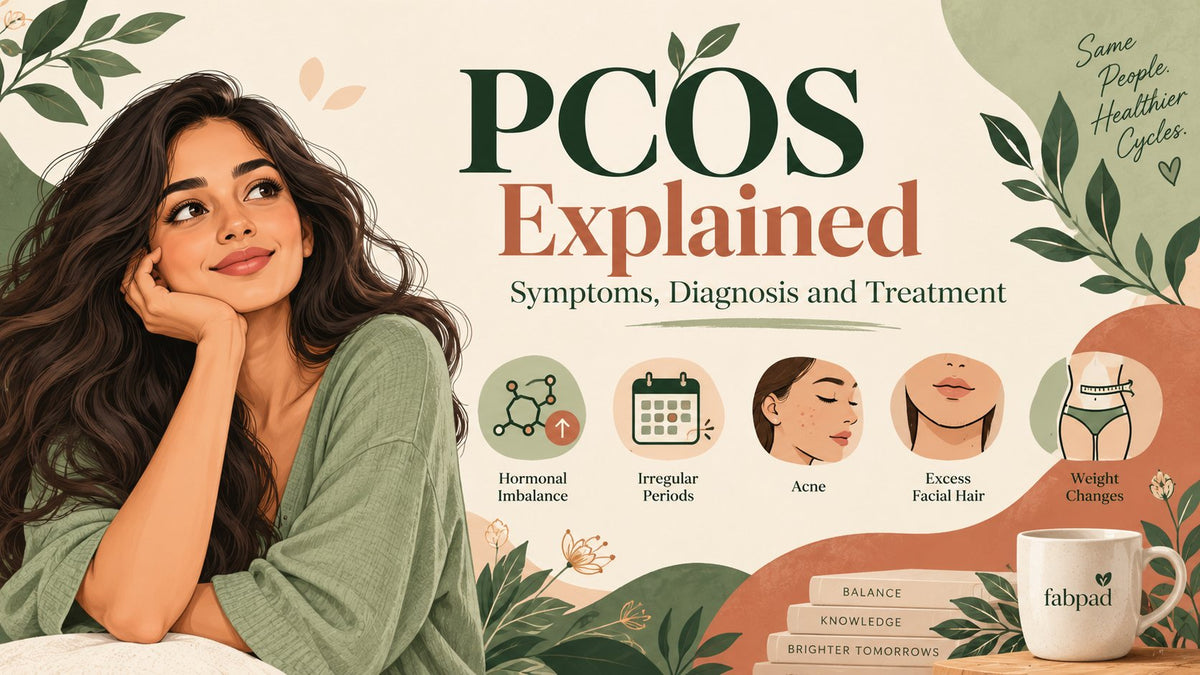 Woman smiling thoughtfully, with icons for common PCOS symptoms: hormonal imbalance, irregular periods, acne, excess facial hair and weight changes
