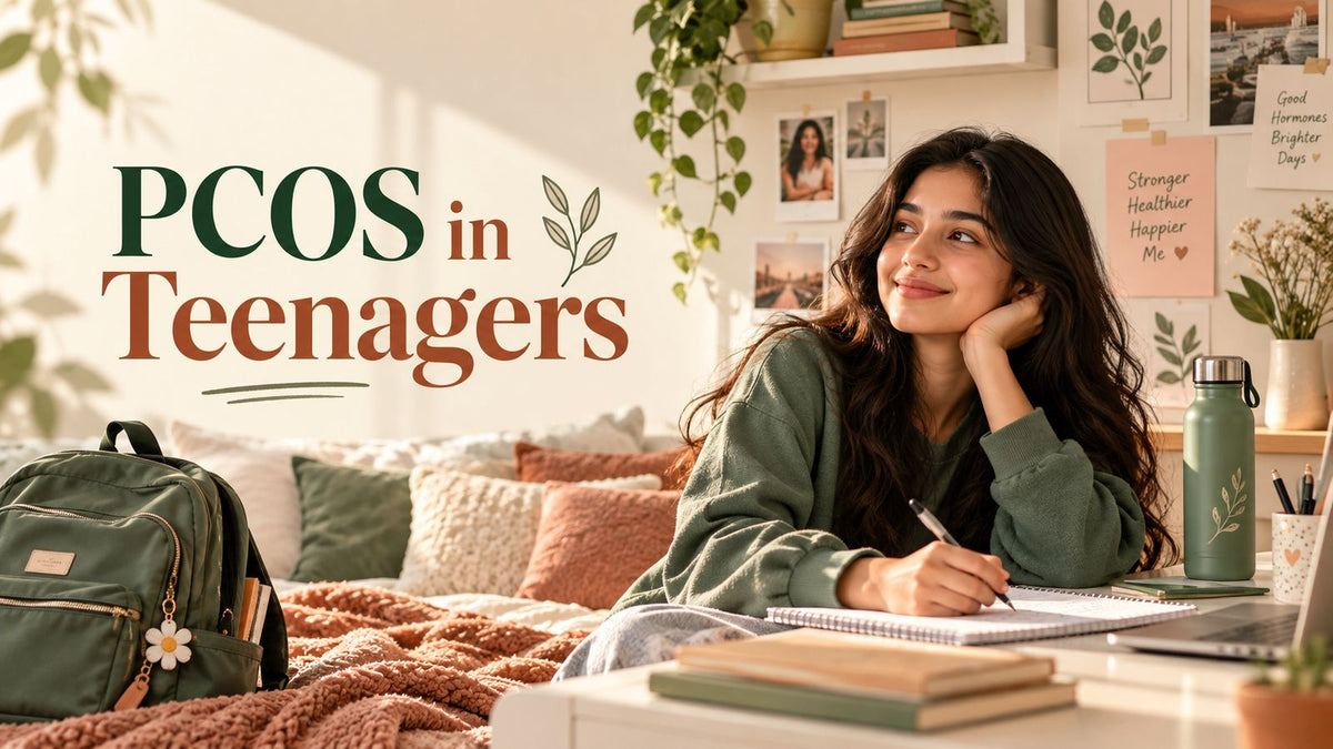 PCOS in Teenagers banner: a smiling teenage girl writing in a notebook at her desk