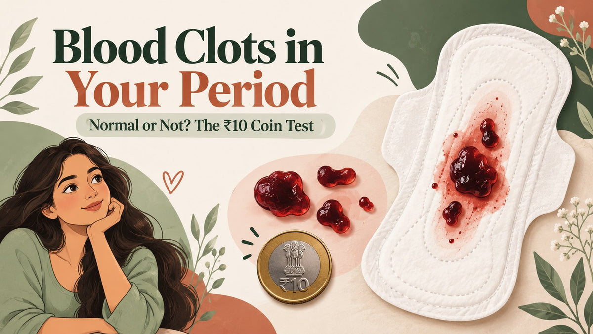Period blood clots on a pad next to a 10 rupee coin, used to check whether clots are larger than normal
