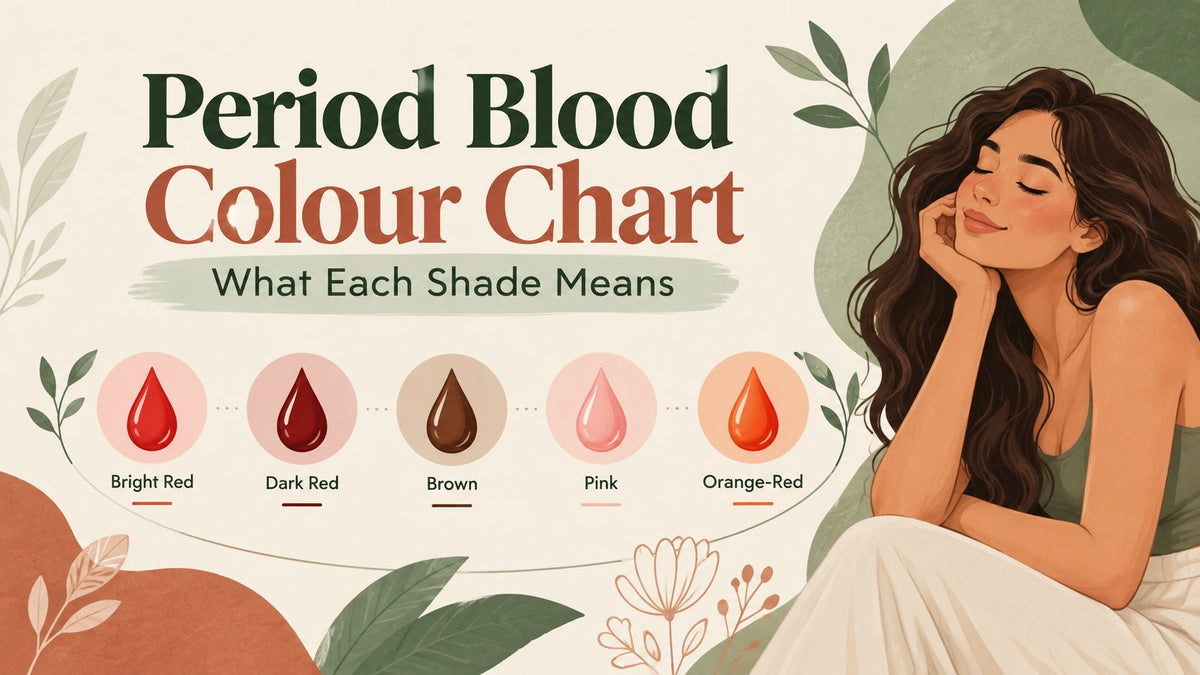 Period blood colour chart showing bright red, dark red, brown, pink and orange-red drops