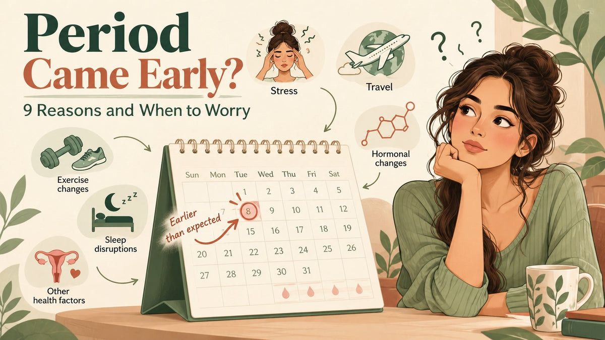 Woman looking at a calendar where her period came earlier than expected, with icons for stress, travel, exercise, sleep and hormonal changes