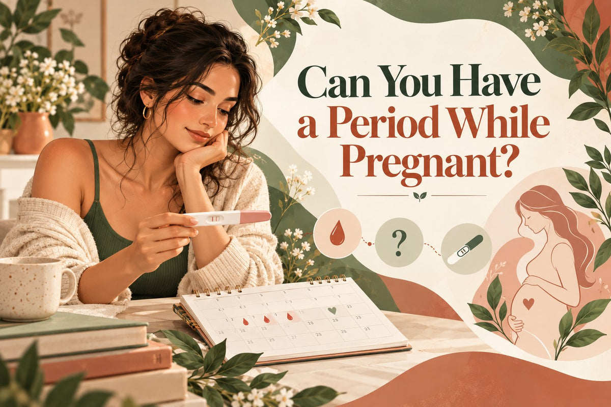 Woman holding a positive pregnancy test next to a calendar marked with bleeding days, wondering if you can have a period while pregnant