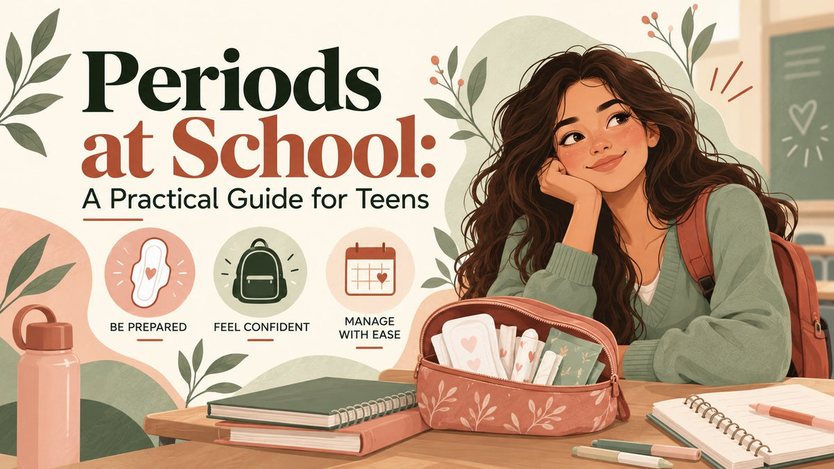 Teenage girl at her school desk with a period pouch of pads and liners, ready to manage her period at school