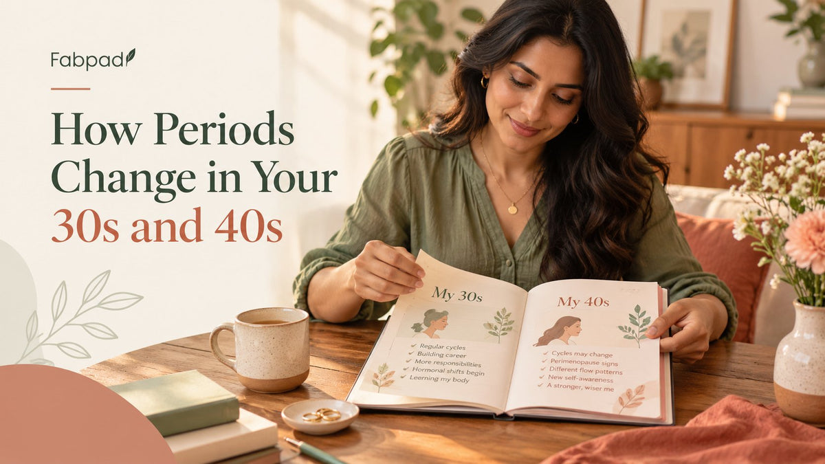 Woman reading a journal comparing how periods change in her 30s and her 40s