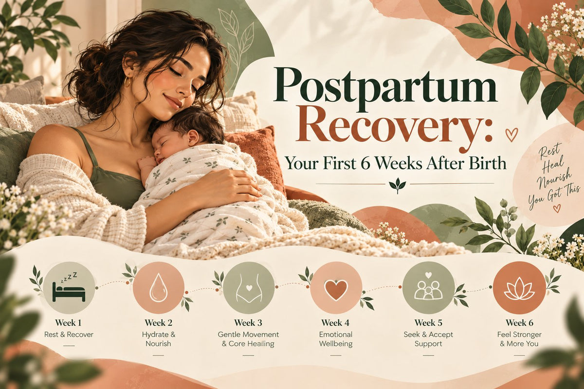 New mother cuddling her sleeping newborn, with a week-by-week timeline of the first 6 weeks of recovery after birth