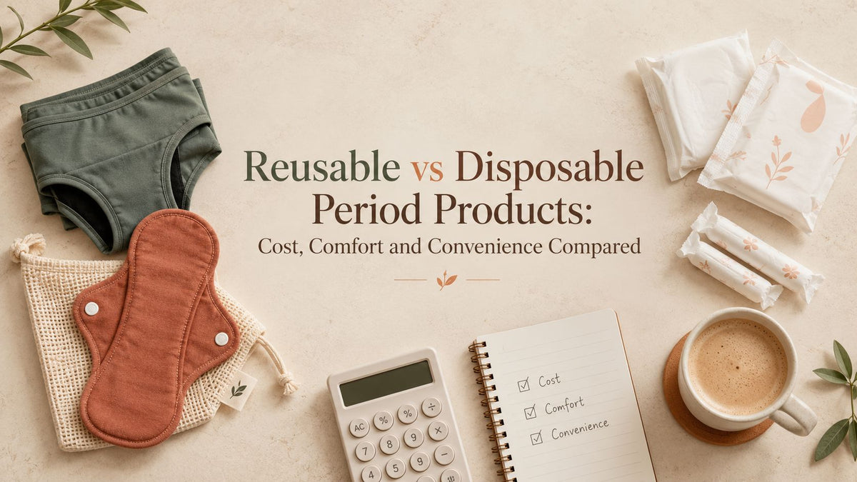 Reusable period panty and cloth pad next to disposable pads and tampons, with a calculator and checklist