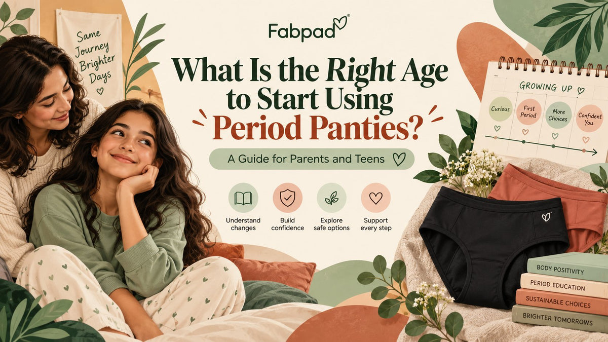 Mother and teenage daughter smiling together, with period panties and a growing-up timeline for choosing the right age to start