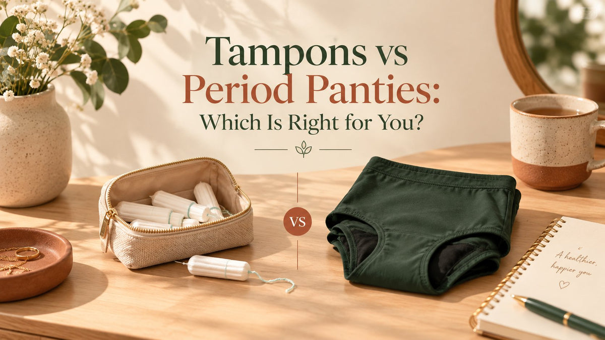 Tampons in a zip pouch next to a folded green period panty on a wooden table