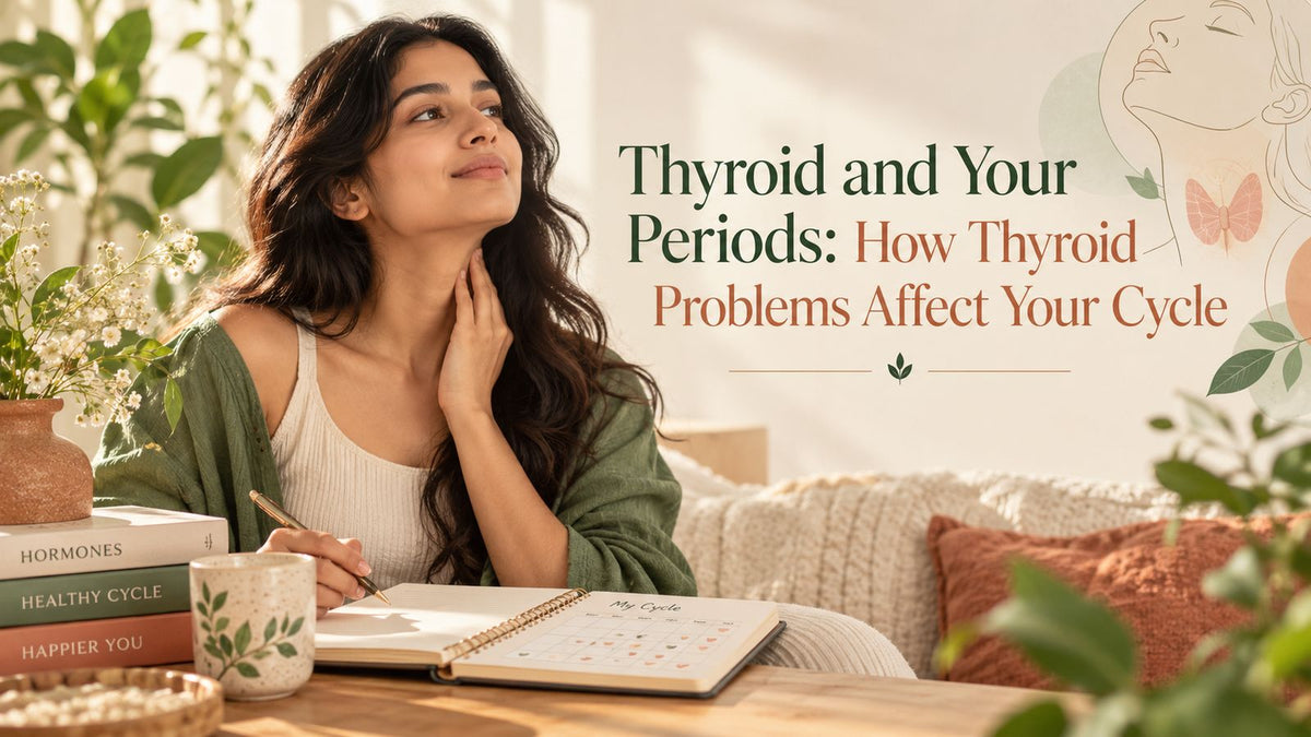 Thyroid and Your Periods banner: a woman touching her neck while writing in a cycle journal
