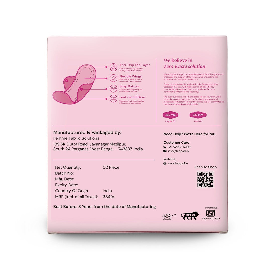 Fabpad Reusable Washable Sanitary Cloth Pads - Pack of 2 - Pink