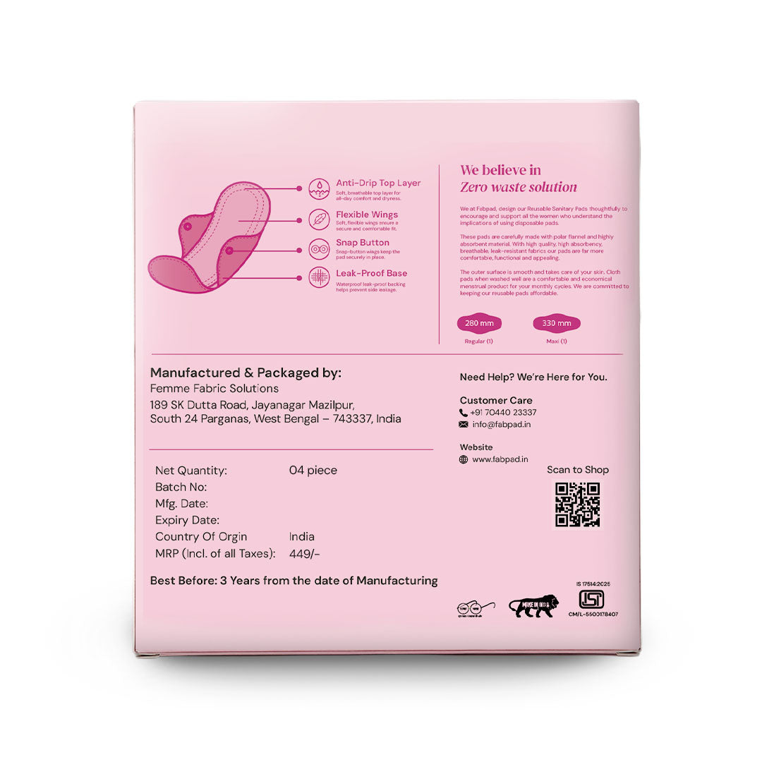 Fabpad Reusable Washable Sanitary Cloth Pad - Pack of 4 - Pink