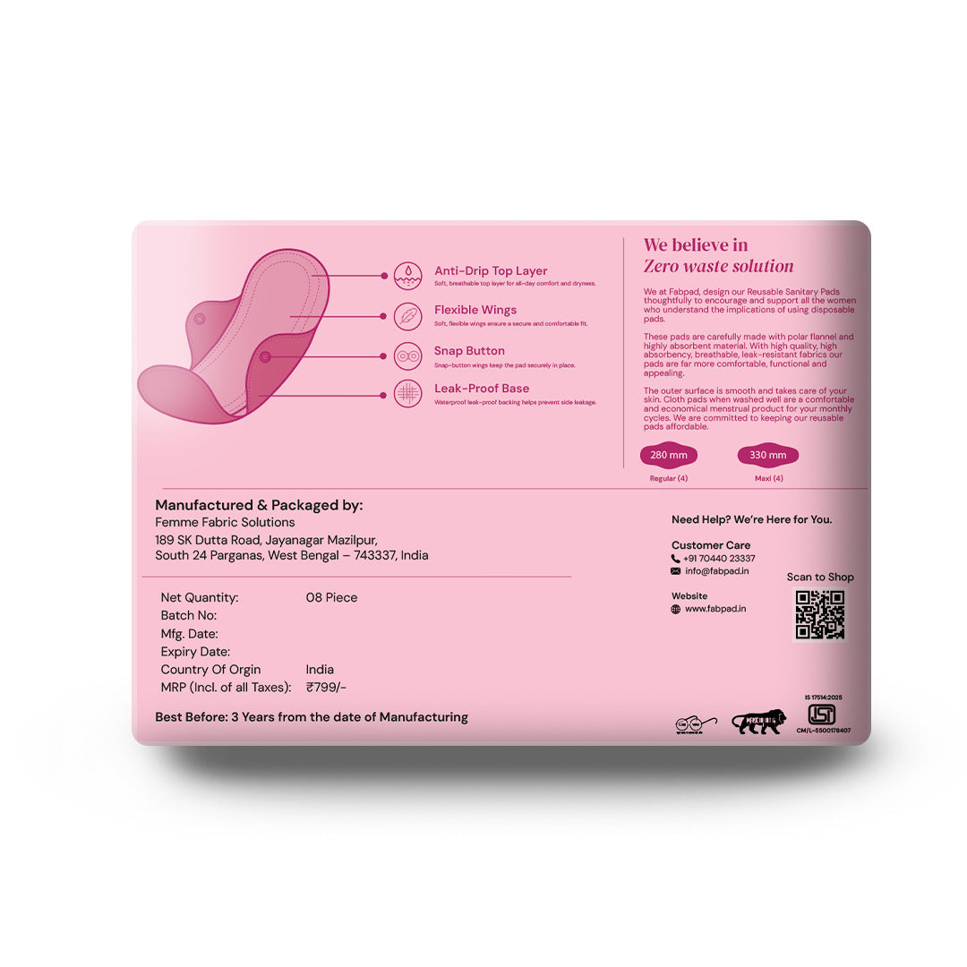 Fabpad Reusable Washable Sanitary Cloth Pads - Pack of 8 - Pink