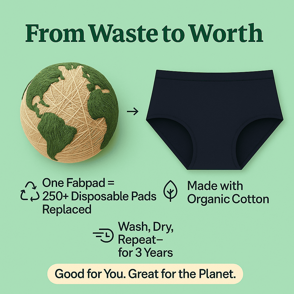 Product packaging with text about sustainability and eco-friendliness on a green background