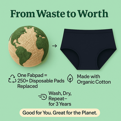 Product packaging with text about sustainability and eco-friendliness on a green background