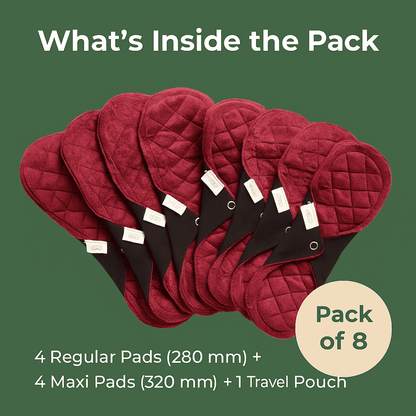 Fabpad Reusable Washable Sanitary Cloth Pads - Pack of 8 - Maroon