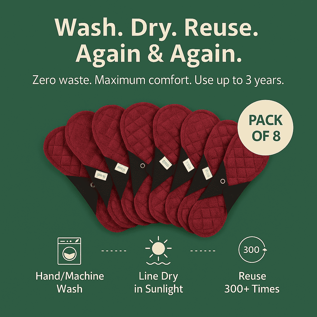 Fabpad Reusable Washable Sanitary Cloth Pads - Pack of 8 - Maroon