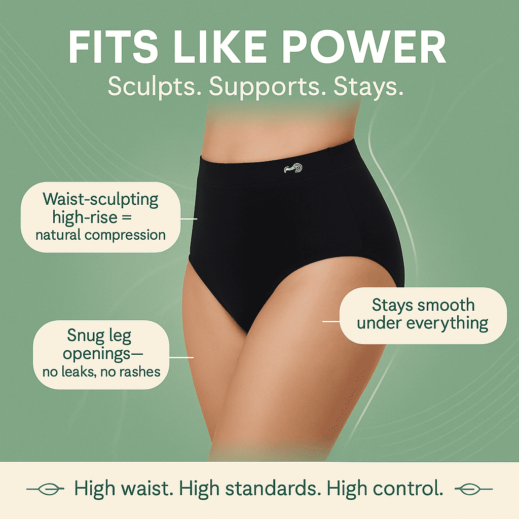 Black high-waisted underwear with text highlighting features on a green background