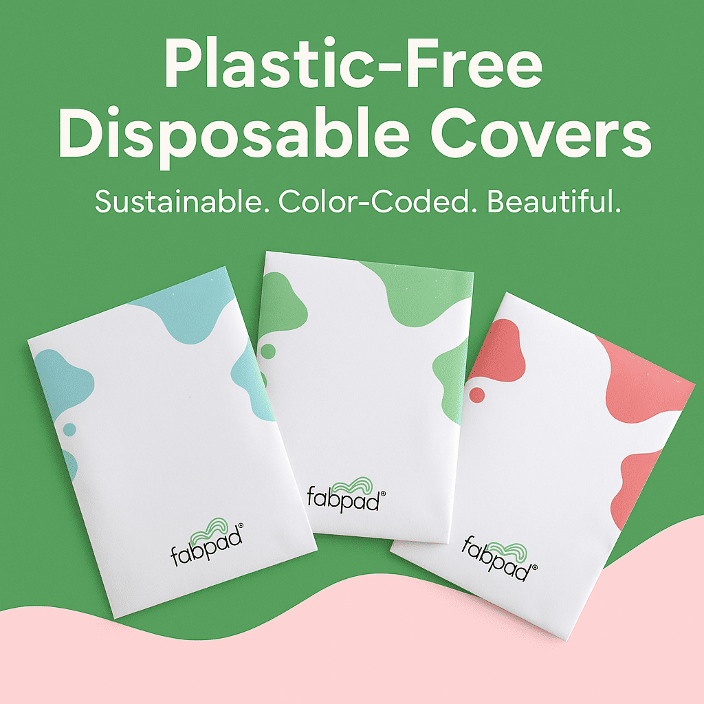Plastic-Free Disposable Covers with fabpad logo on a green background