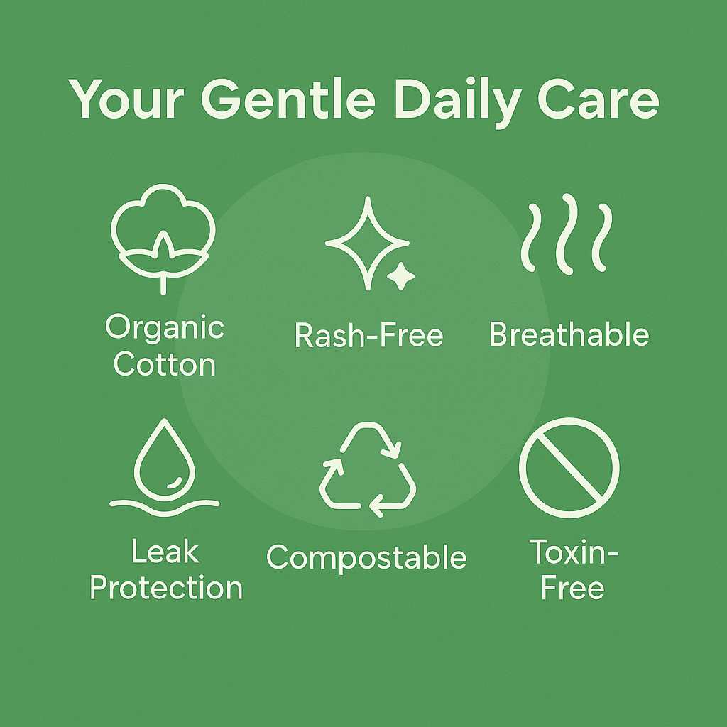 Green background with icons and text highlighting features of 'Your Gentle Daily Care' products.