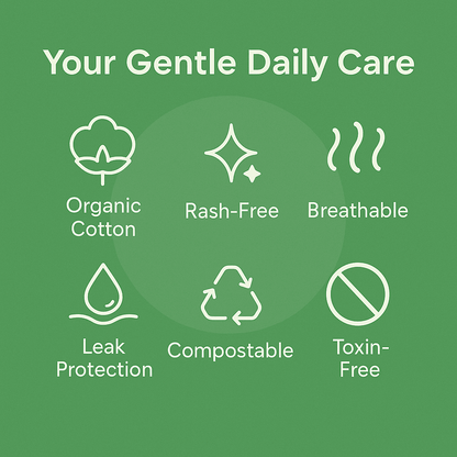 Green background with icons and text highlighting features of 'Your Gentle Daily Care' products.