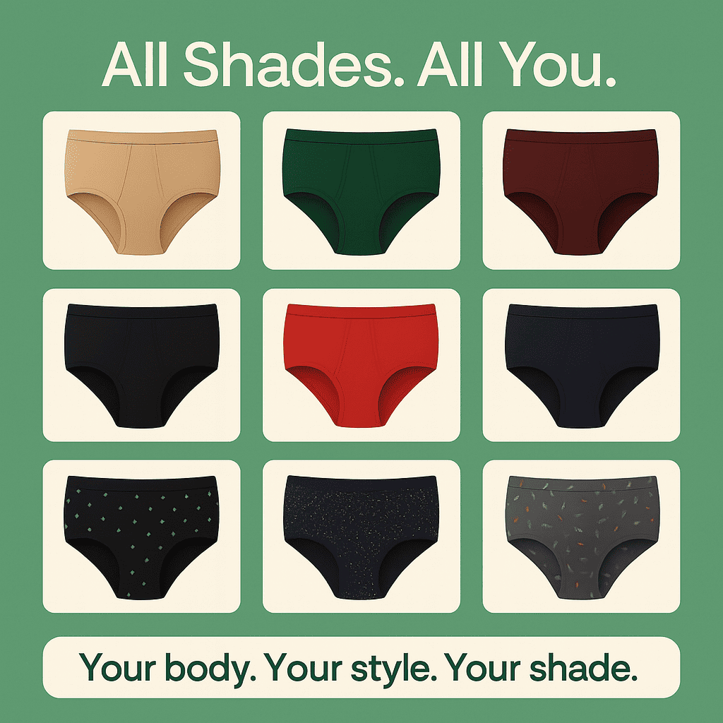 Grid of various colored underwear with text 'All Shades. All You.' on a green background.