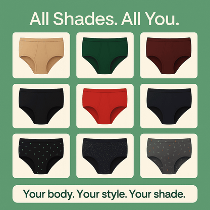 Grid of various colored underwear with text 'All Shades. All You.' on a green background.