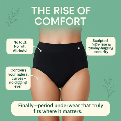Black period underwear with text highlighting features on a green background