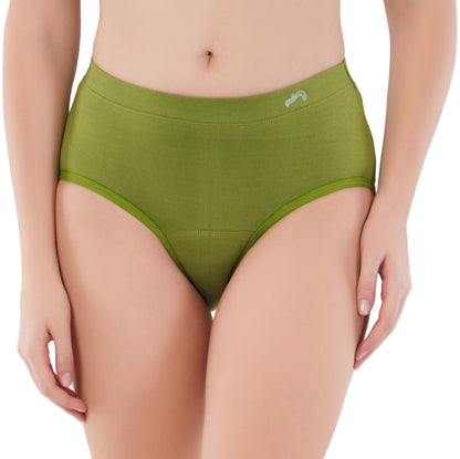 A high-waisted, full coverage pair of black underwear designed for incontinence or postpartum use, featuring a leak-proof design.