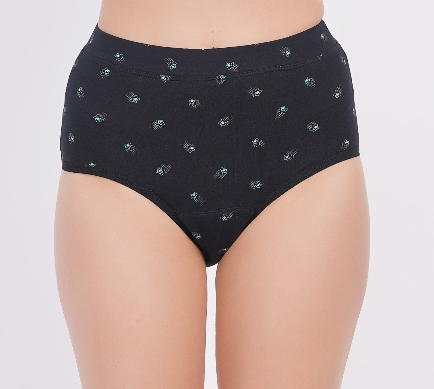 A high-waisted, full coverage pair of black underwear designed for incontinence or postpartum use, featuring a leak-proof design.