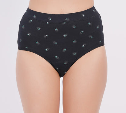 A high-waisted, full coverage pair of black underwear designed for incontinence or postpartum use, featuring a leak-proof design.