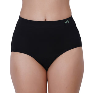 A high-waisted, full coverage pair of black underwear designed for incontinence or postpartum use, featuring a leak-proof design.