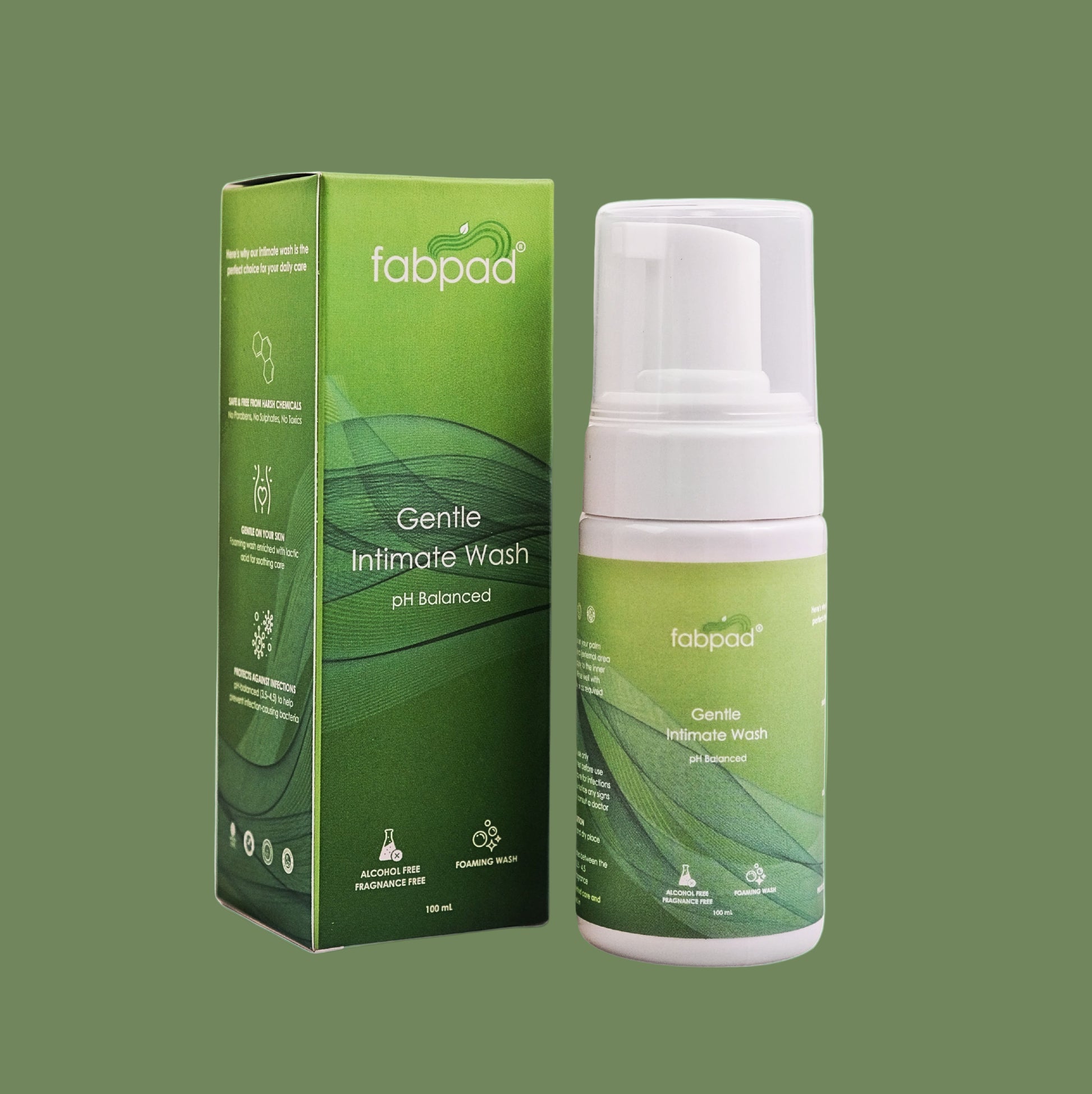 Green and white bottle and packaging of fabpad Gentle Intimate Wash on a white background