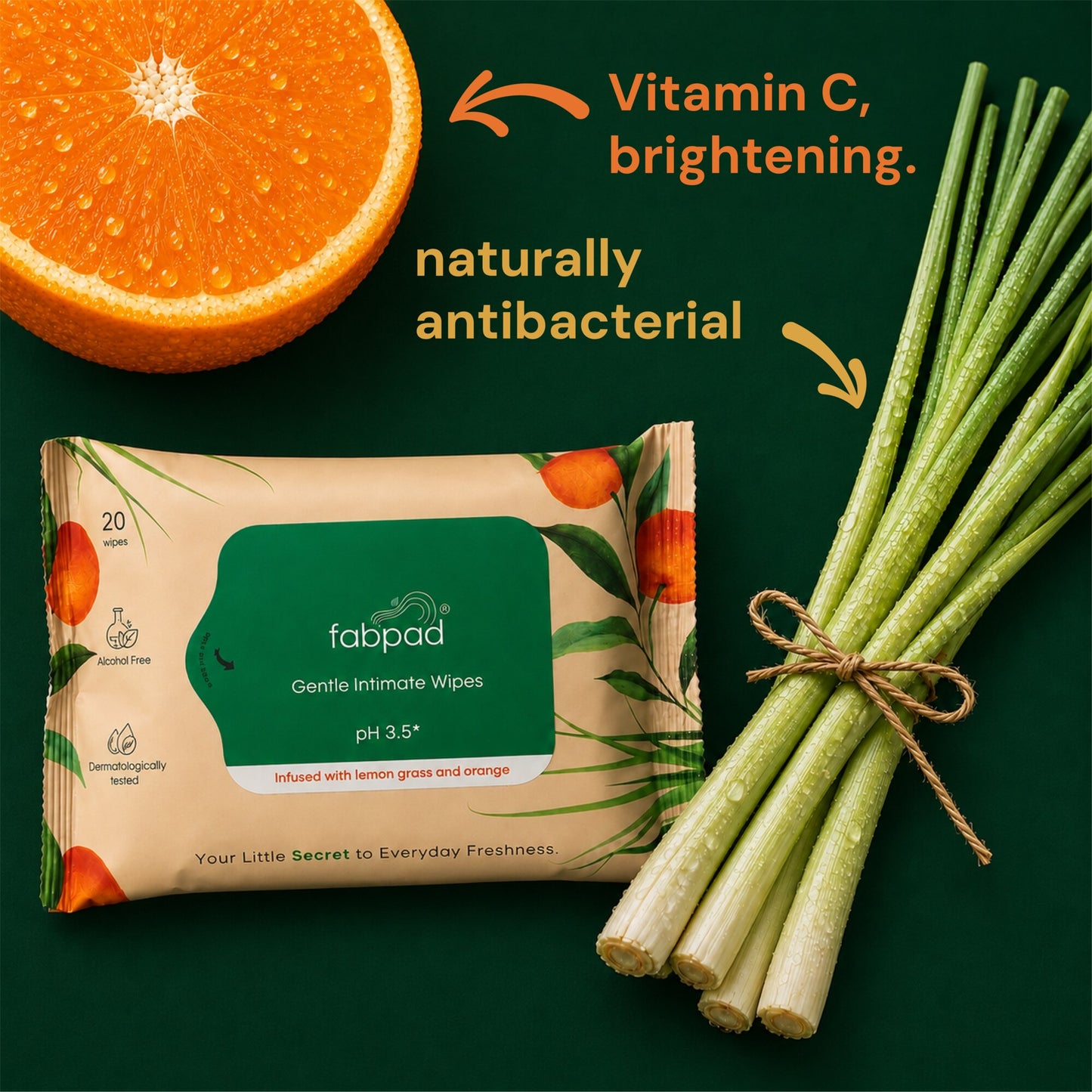 Fabpad Gentle Intimate Wipes – Lemongrass & Orange | 20 Wipes | pH 3.5 Balanced, Alcohol-Free
